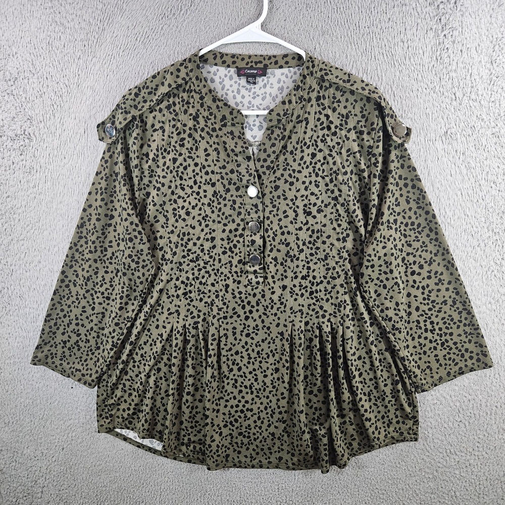 Cocomo Womens XL Olive Green Black Animal Print Pintuck Henley Blouse 3/4 Sleeve